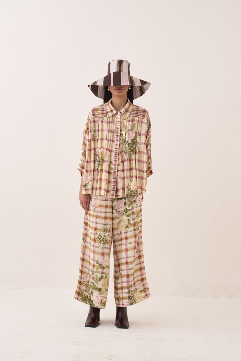 Jaali Rose Pintuck Shirt Set cotton slub co-ord set by O'Frida in ivory for women Worldwide