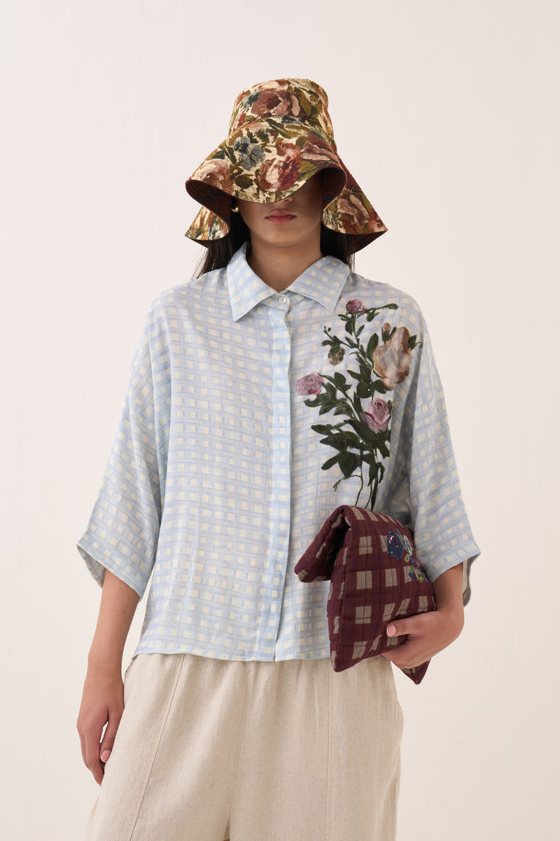 Gingham Ae Shirt Set cotton slub co-ord set by O'Frida in blue for women Worldwide