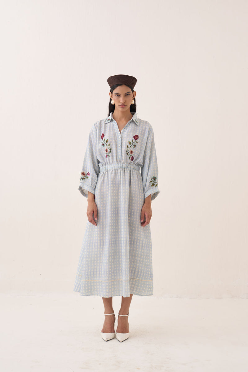 Gingham Poem Dress cotton slub dress by O'Frida in blue for women Worldwide
