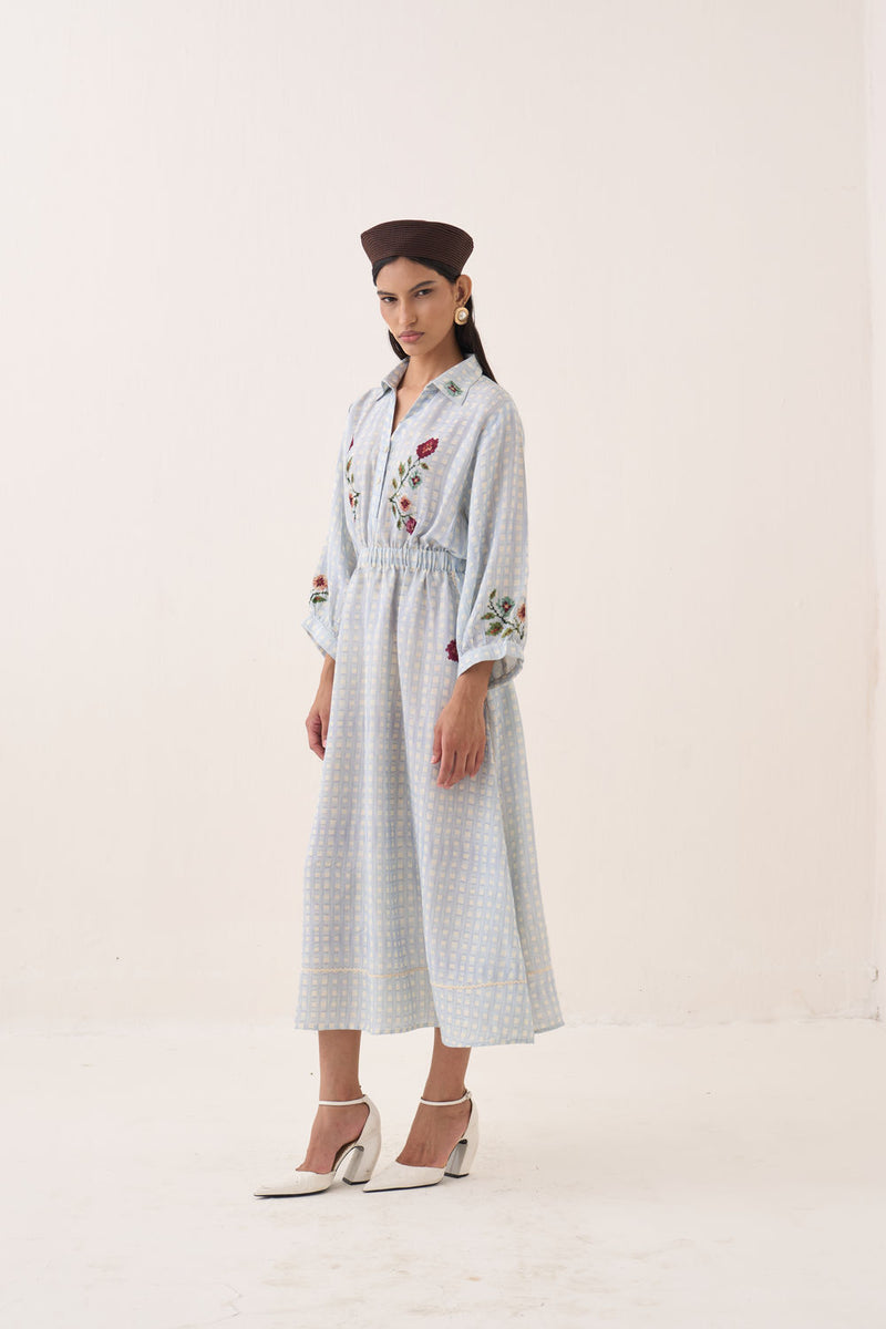 Gingham Poem Dress cotton slub dress by O'Frida in blue for women Worldwide