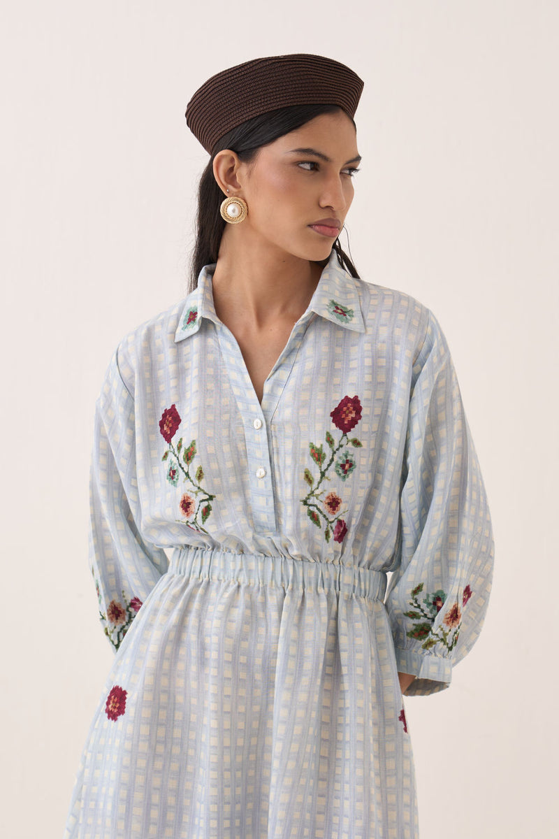 Gingham Poem Dress cotton slub dress by O'Frida in blue for women Worldwide