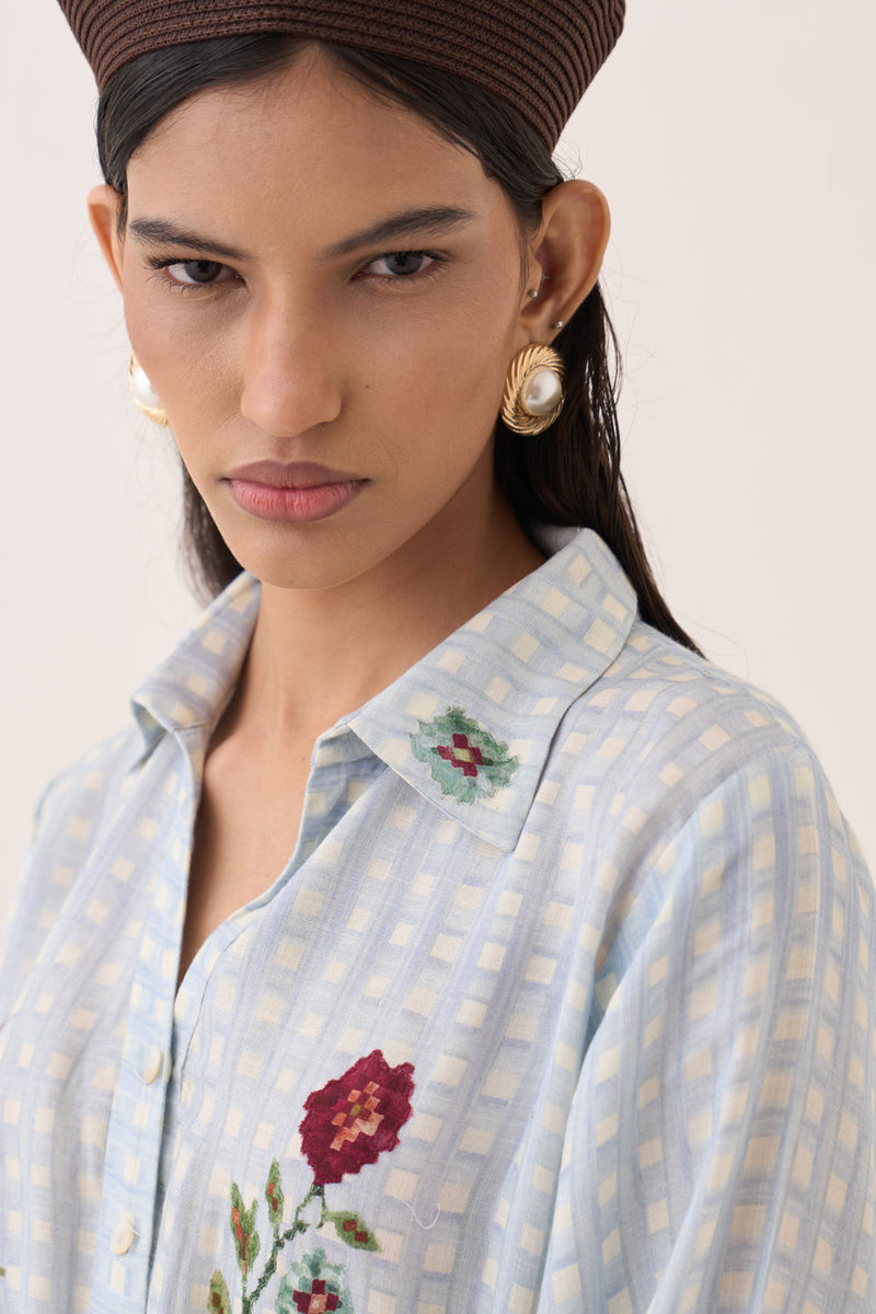 Gingham Poem Dress cotton slub dress by O'Frida in blue for women Worldwide