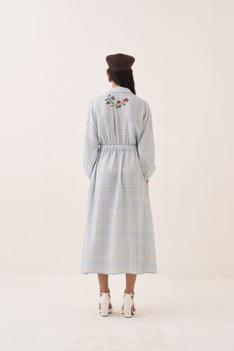 Gingham Poem Dress cotton slub dress by O'Frida in blue for women Worldwide