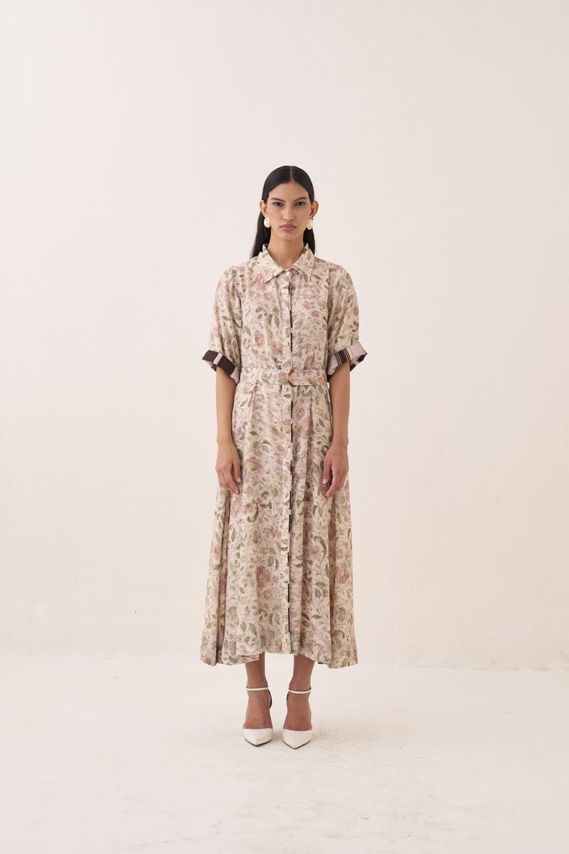 Gulzar Front Placket Aline bemberg muslin dress by O'Frida in ivory for women Worldwide