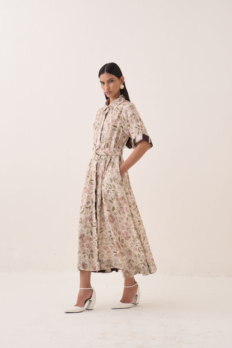 Gulzar Front Placket Aline bemberg muslin dress by O'Frida in ivory for women Worldwide