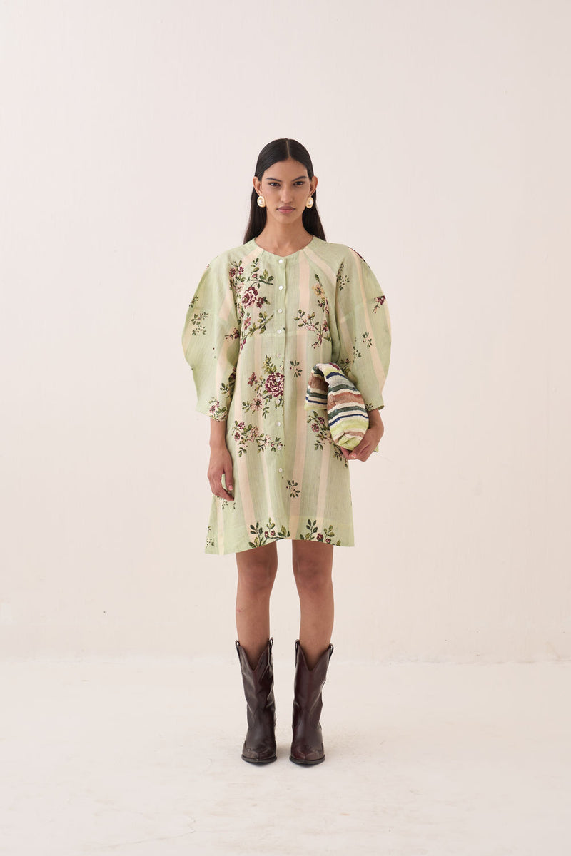 Bagiya Bubble Sleeve Aline cotton slub dress by O'Frida in green for women Worldwide