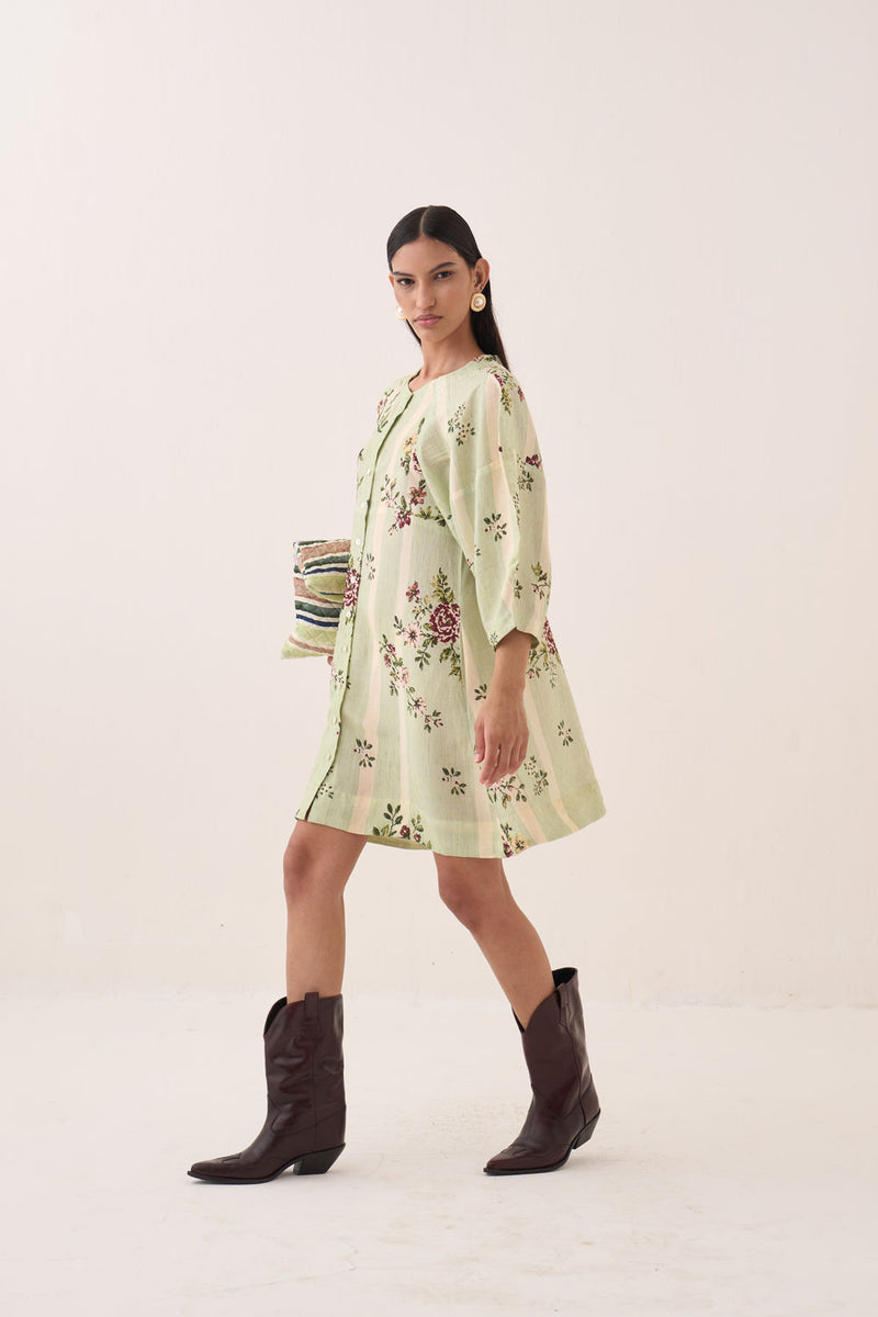 Bagiya Bubble Sleeve Aline cotton slub dress by O'Frida in green for women Worldwide