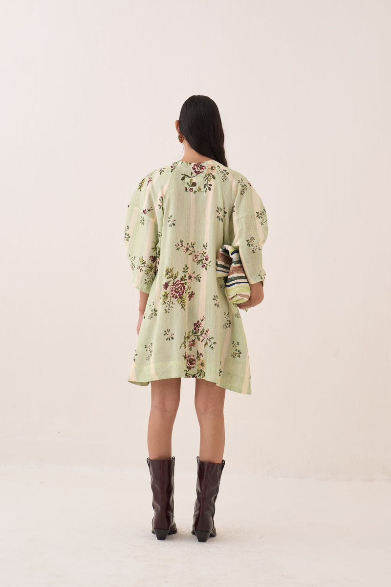 Bagiya Bubble Sleeve Aline cotton slub dress by O'Frida in green for women Worldwide