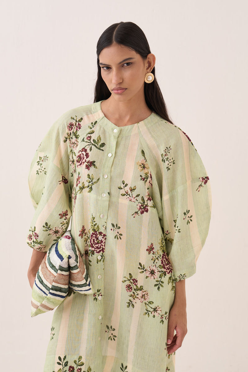 Bagiya Bubble Sleeve Aline cotton slub dress by O'Frida in green for women Worldwide