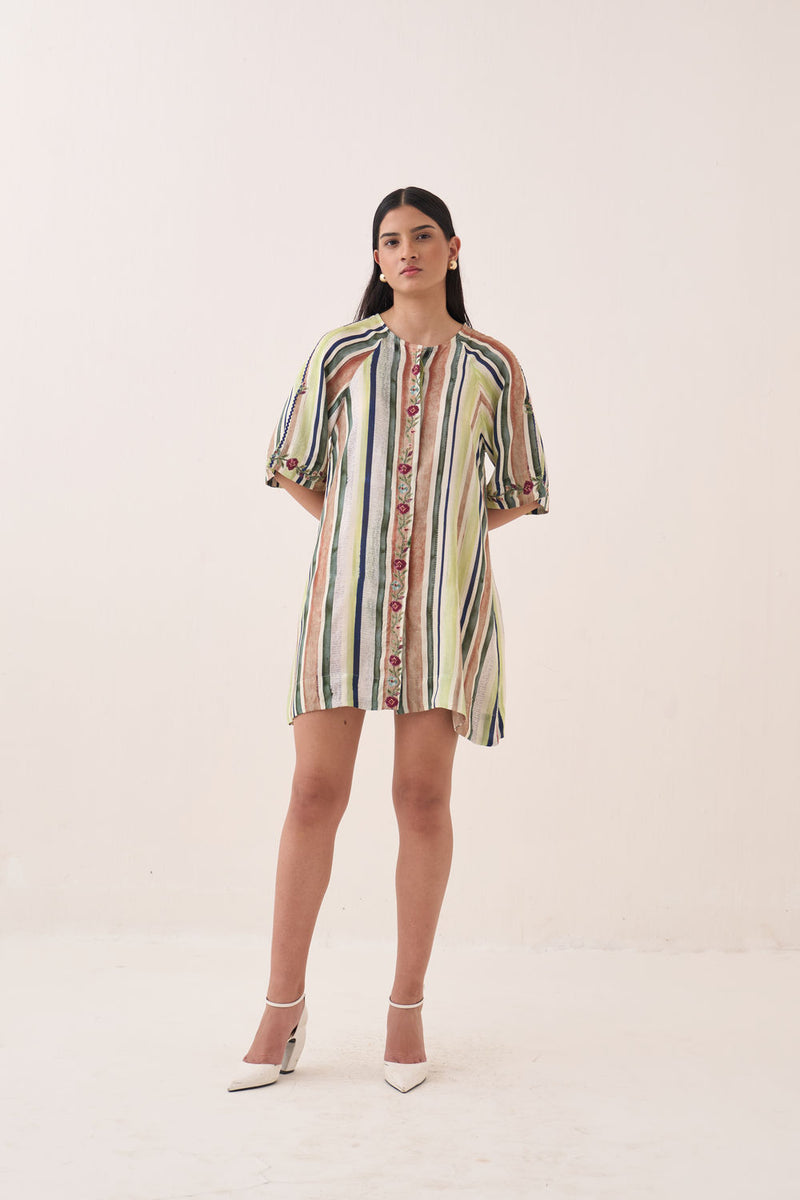 Rekha Short Aline Dress bemberg muslin dress by O'Frida in green for women Worldwide