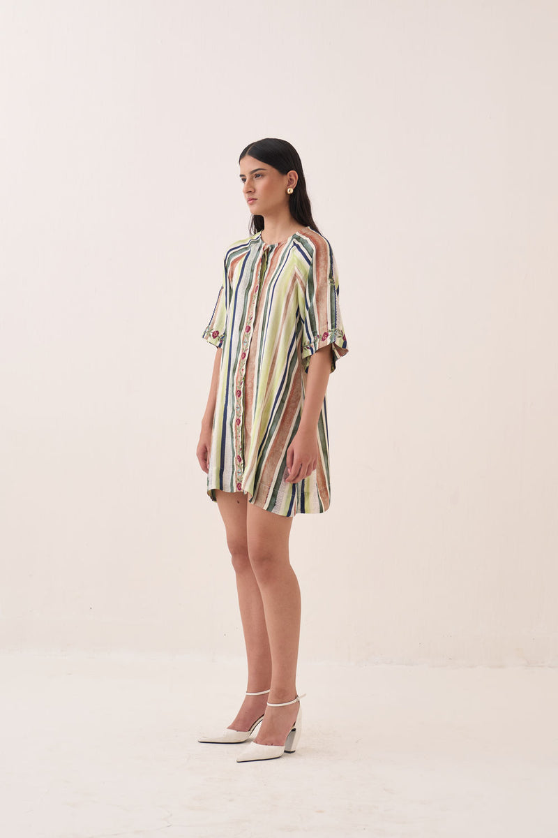 Rekha Short Aline Dress bemberg muslin dress by O'Frida in green for women Worldwide