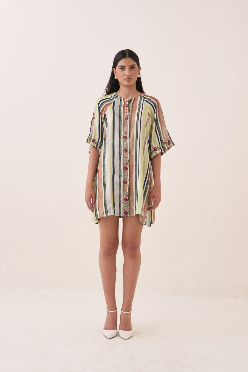 Rekha Short Aline Dress bemberg muslin dress by O'Frida in green for women Worldwide