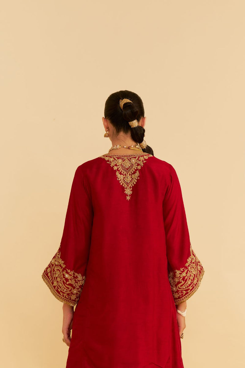 Marwa - Short Chauga With Salwar-Deep Red silk by SHEETAL BATRA in red color for women Worldwide