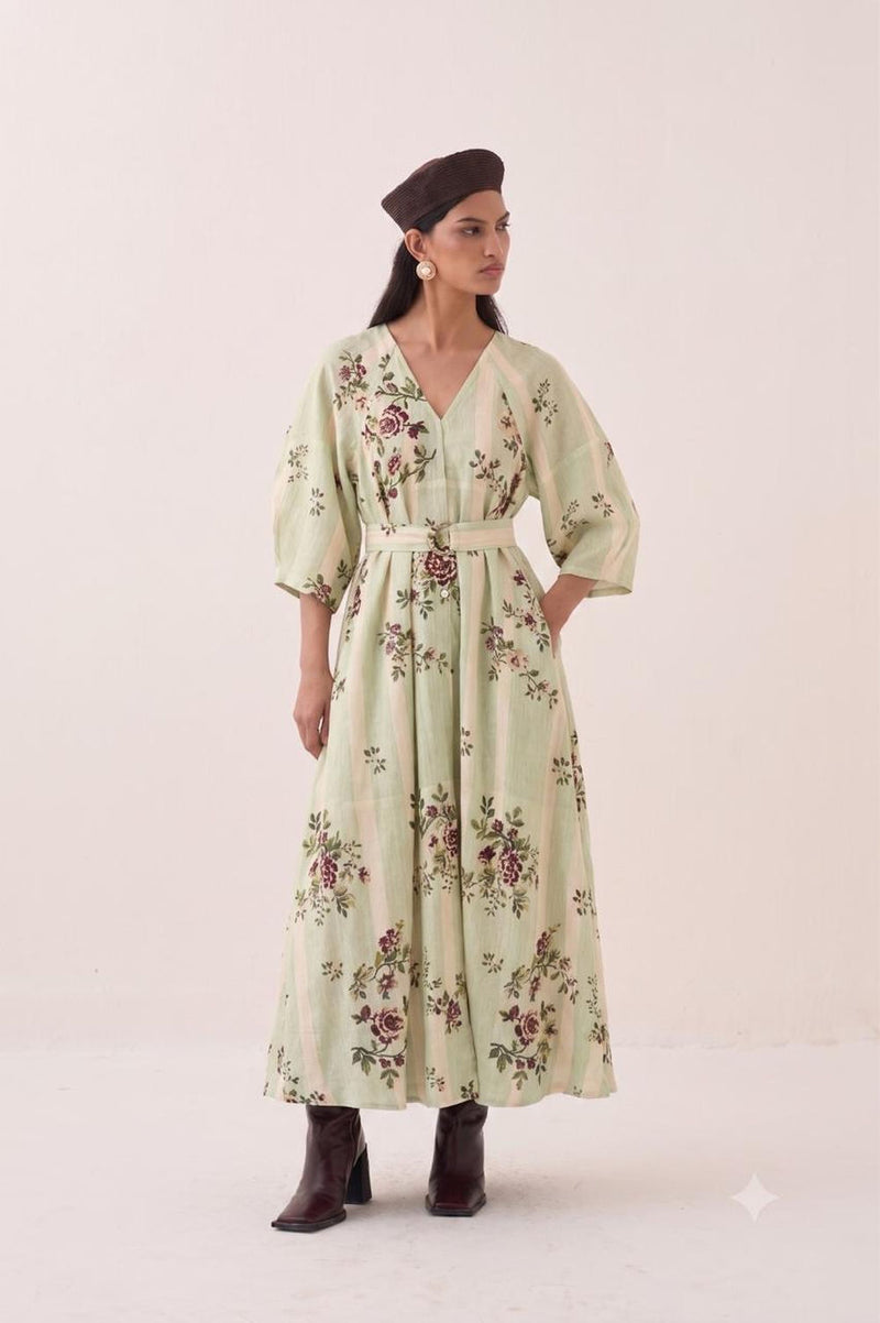 Bagiya Mayflower Dress cotton slub dress by O'Frida in green for women Worldwide
