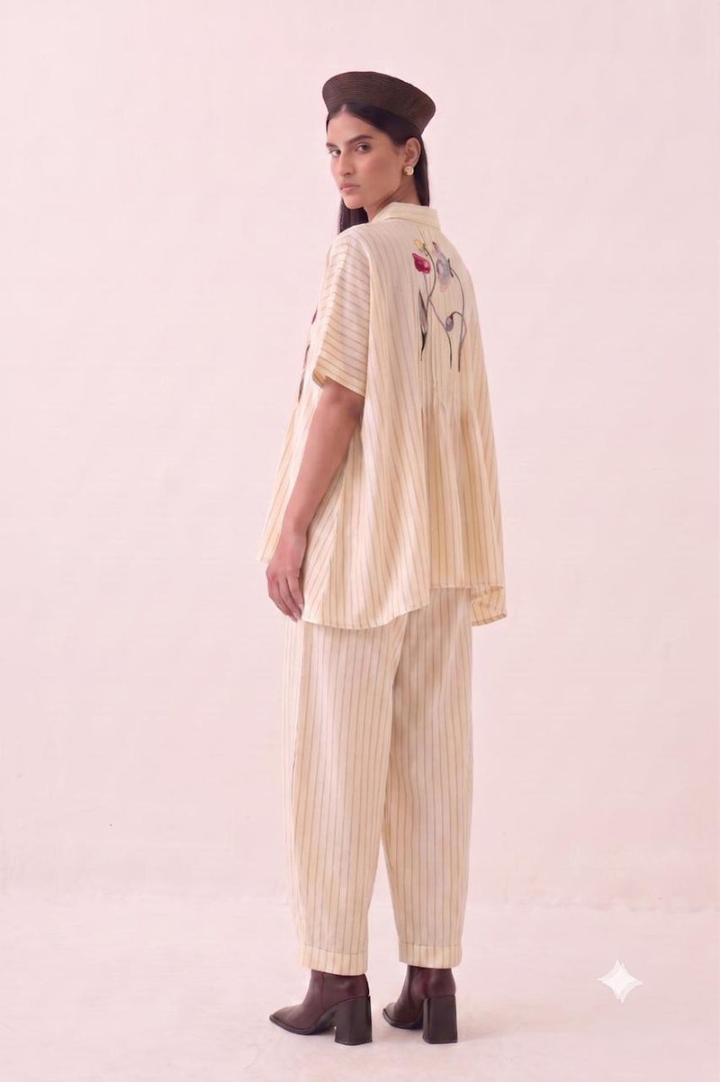 Lehar Rose Flare Top cotton slub top/shirt by O'Frida in ivory for women Worldwide