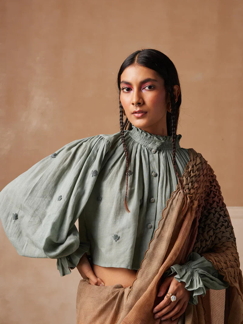 Smocked saree+top -Pale Blue & Tan cotton by CORD for women Worldwide