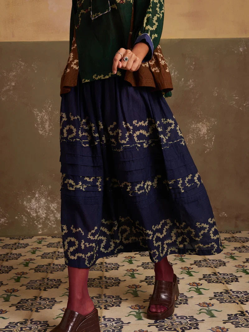 Pintuck Skirt-Indigo Spiral cotton by CORD for women Worldwide