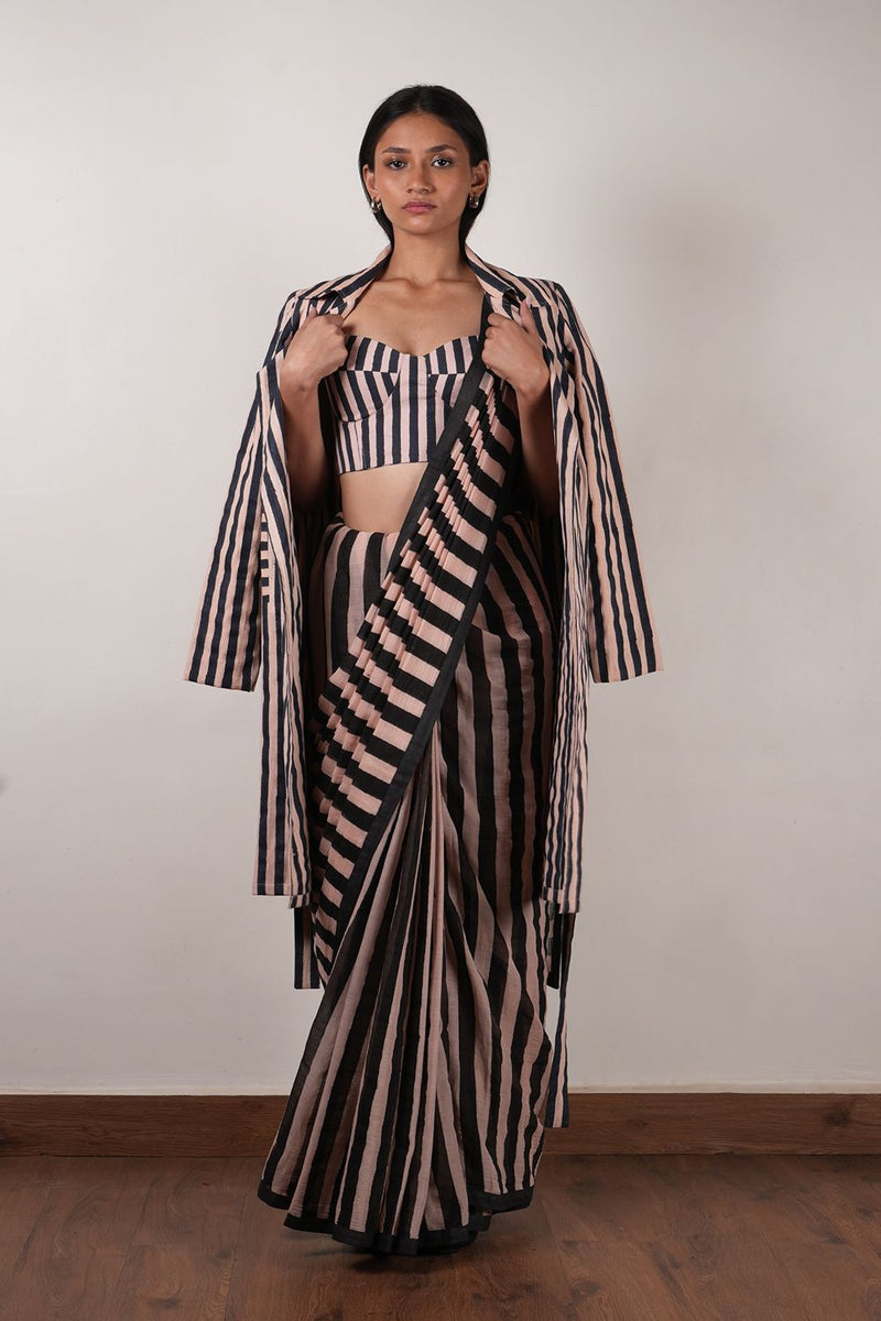 Pink with Charcoal Block Printed Corset, Saree & Trench Set (3 PCS) cotton by Mati in pink color for women Worldwide