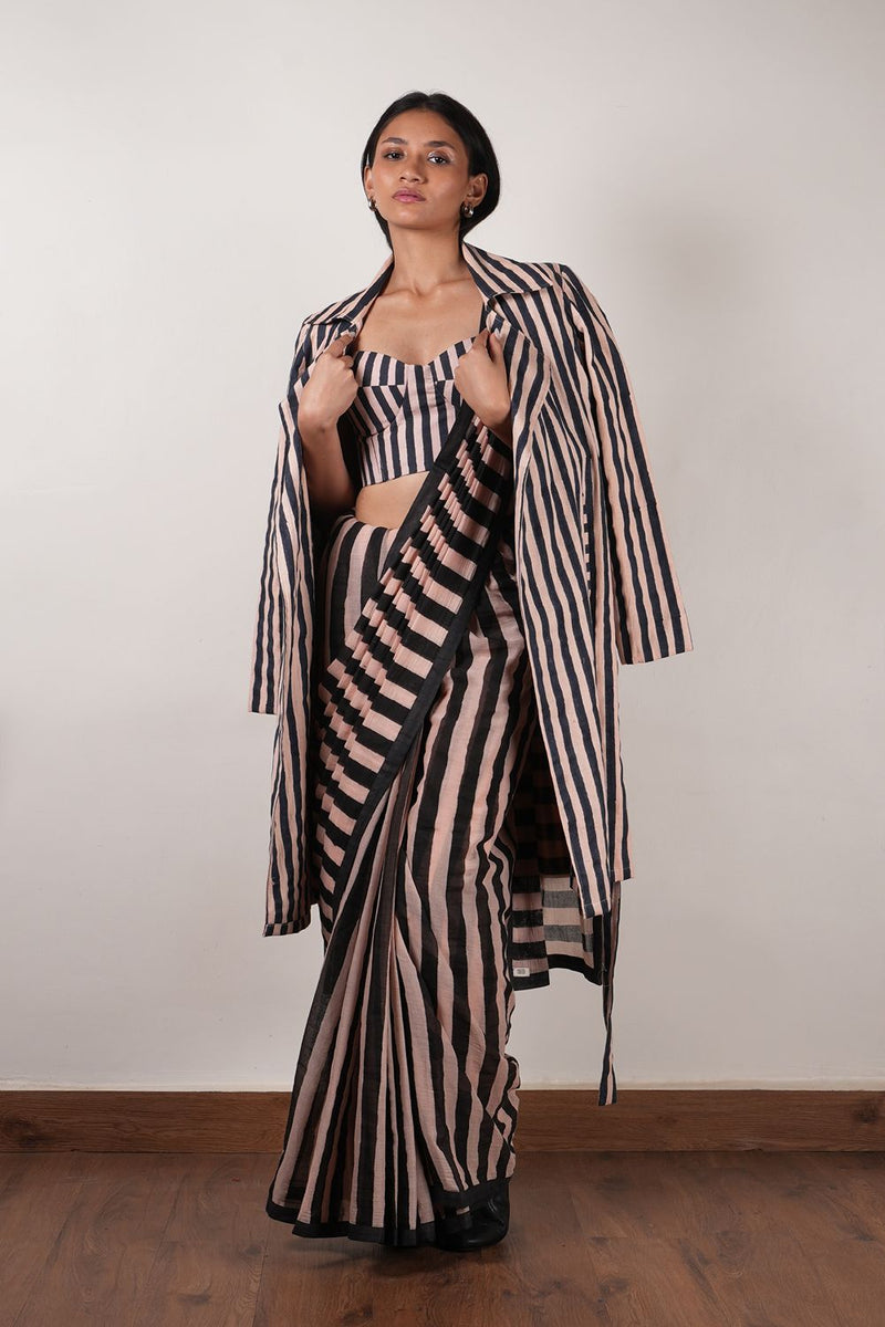 Pink with Charcoal Block Printed Corset, Saree & Trench Set (3 PCS) cotton by Mati in pink color for women Worldwide