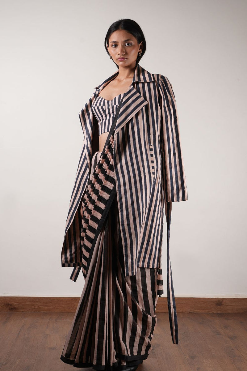 Pink with Charcoal Block Printed Corset, Saree & Trench Set (3 PCS) cotton by Mati in pink color for women Worldwide