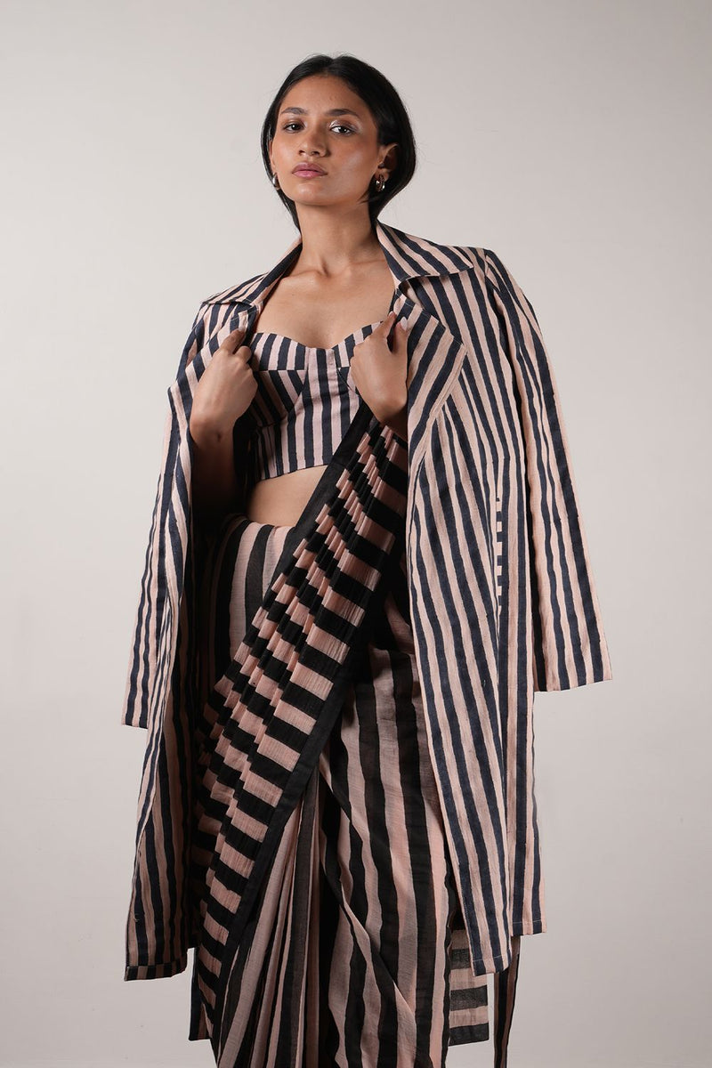 Pink with Charcoal Block Printed Corset, Saree & Trench Set (3 PCS) cotton by Mati in pink color for women Worldwide