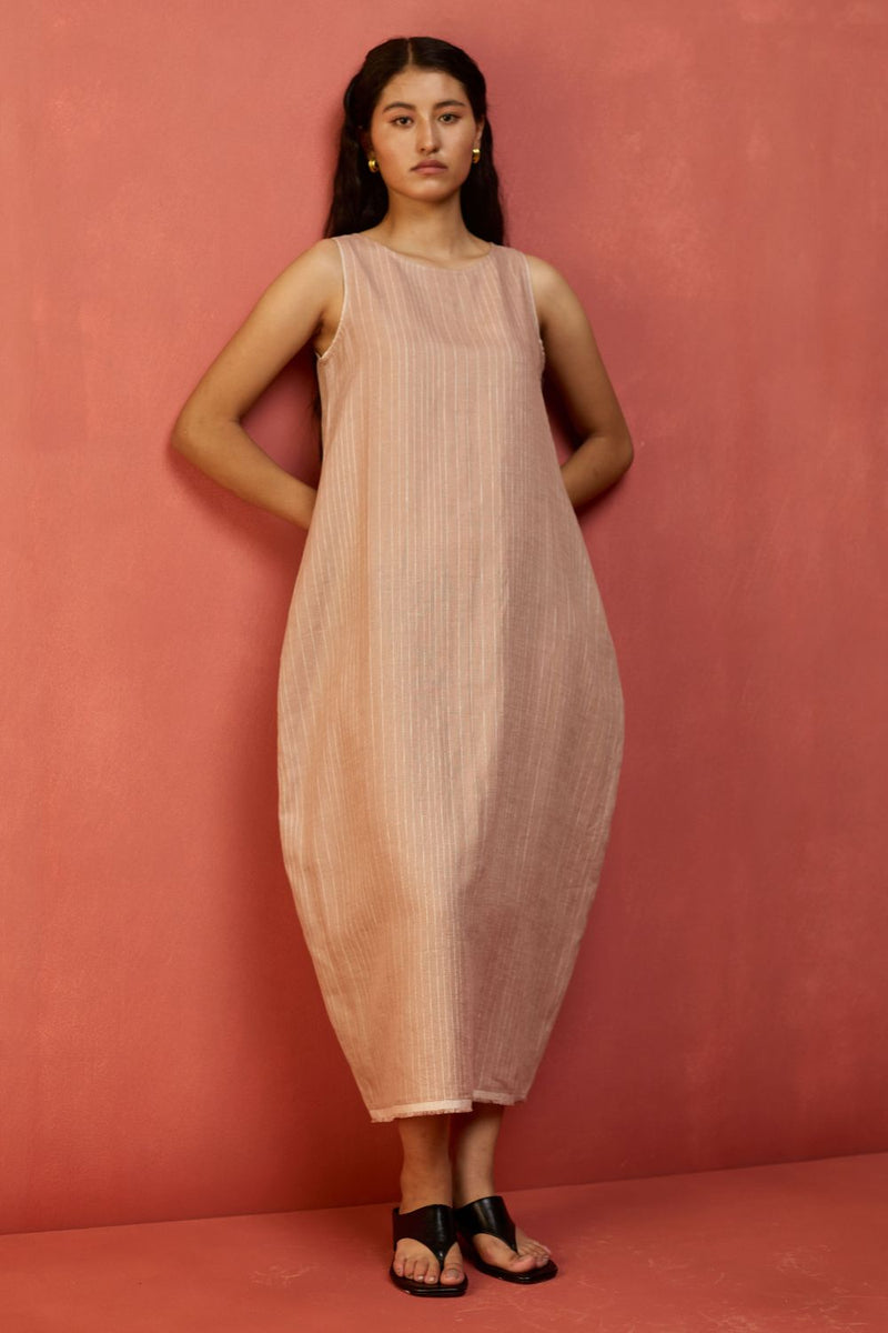 Juro Stripe Linen Parabola Dress - Rose linen by Manan in blush color for women Worldwide