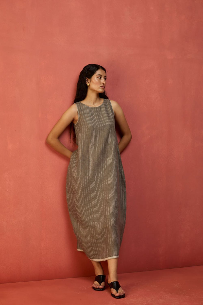 Juro Stripe Linen Parabola Dress - Grey linen by Manan in grey color for women Worldwide