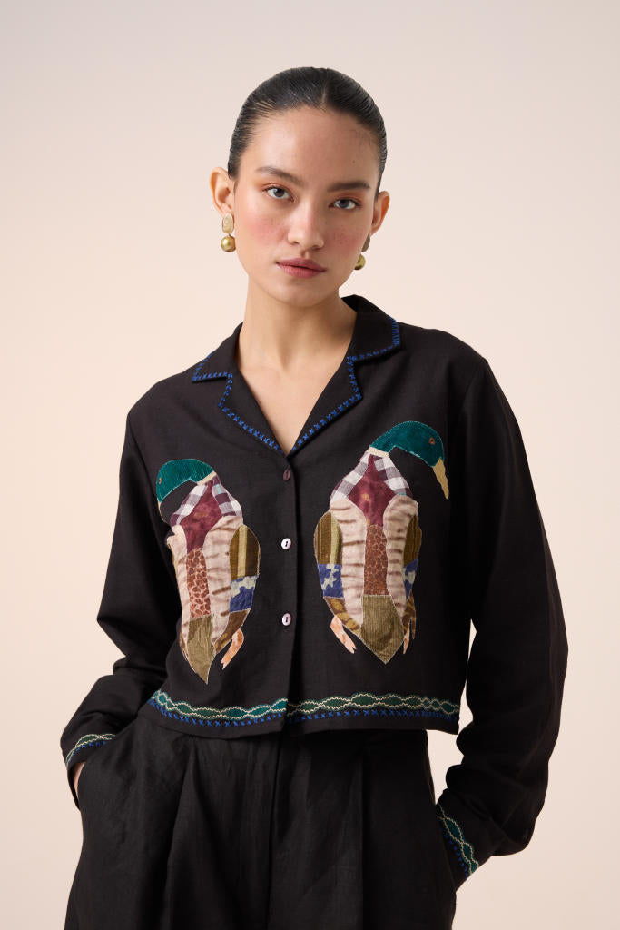 CROP SET-BLACK DUCK APPLIQUE (AVA SHIRT+APPLIQUE PANTS ) cotton by CORD in multi for women Worldwide