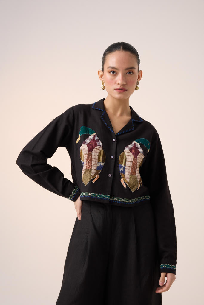 CROP SET-BLACK DUCK APPLIQUE (AVA SHIRT+APPLIQUE PANTS ) cotton by CORD in multi for women Worldwide