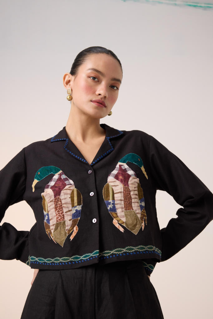 CROP SET-BLACK DUCK APPLIQUE (AVA SHIRT+APPLIQUE PANTS ) cotton by CORD in multi for women Worldwide