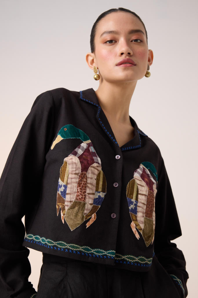 CROP SET-BLACK DUCK APPLIQUE (AVA SHIRT+APPLIQUE PANTS ) cotton by CORD in multi for women Worldwide