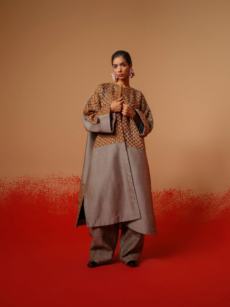 Current Overlay-Leaf green + Grey mysore silk jackets and overlays by Stoique in leaf green, grey for women Worldwide