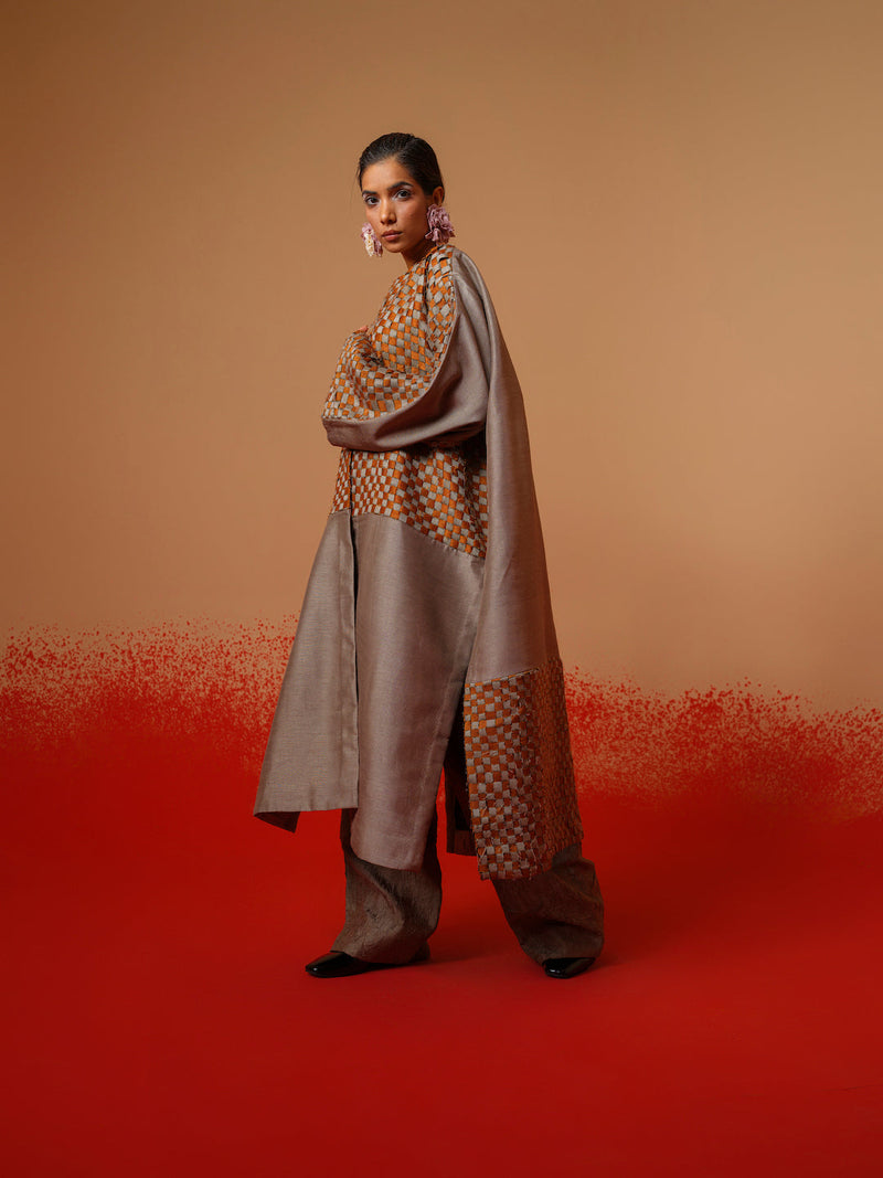 Current Overlay-Leaf green + Grey mysore silk jackets and overlays by Stoique in leaf green, grey for women Worldwide