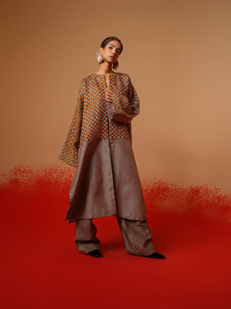 Current Overlay-Leaf green + Grey mysore silk jackets and overlays by Stoique in leaf green, grey for women Worldwide