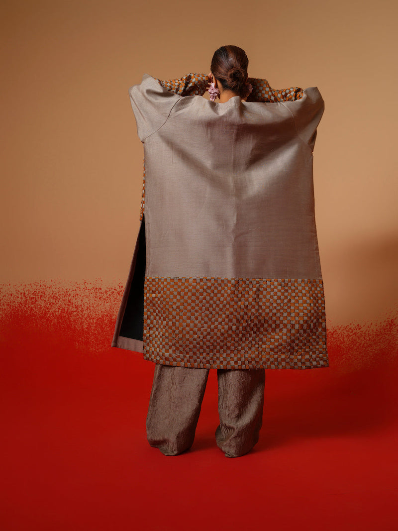Current Overlay-Leaf green + Grey mysore silk jackets and overlays by Stoique in leaf green, grey for women Worldwide