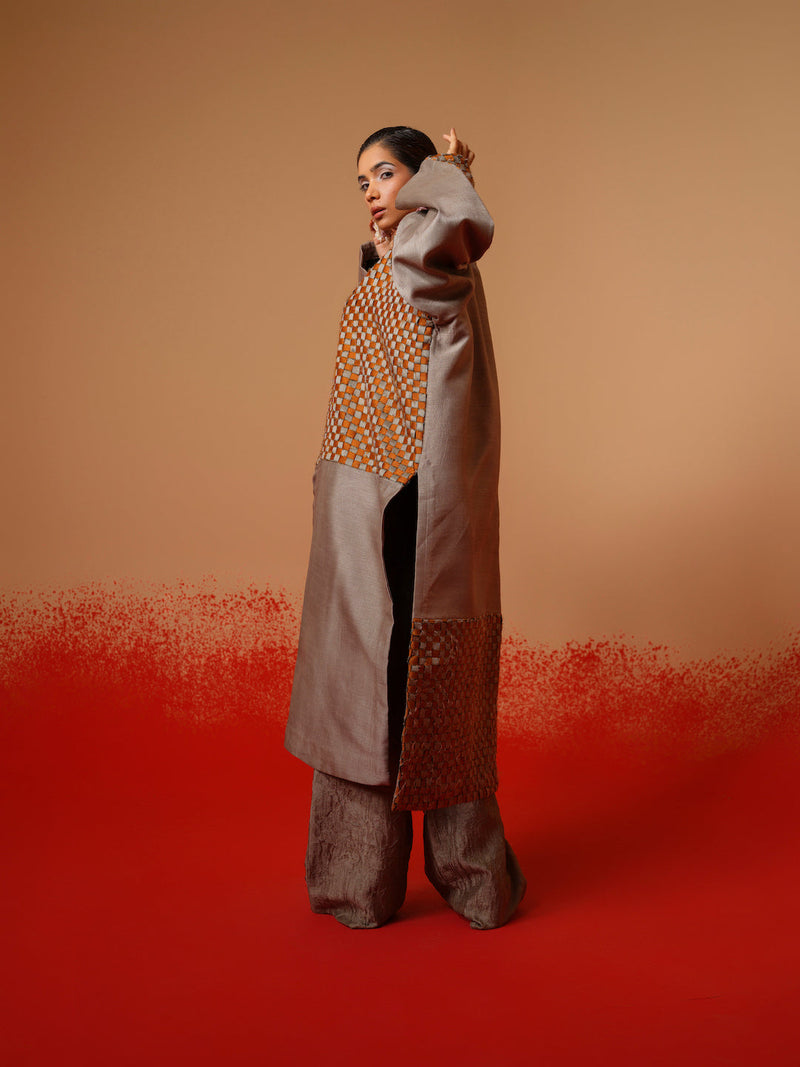 Current Overlay-Leaf green + Grey mysore silk jackets and overlays by Stoique in leaf green, grey for women Worldwide