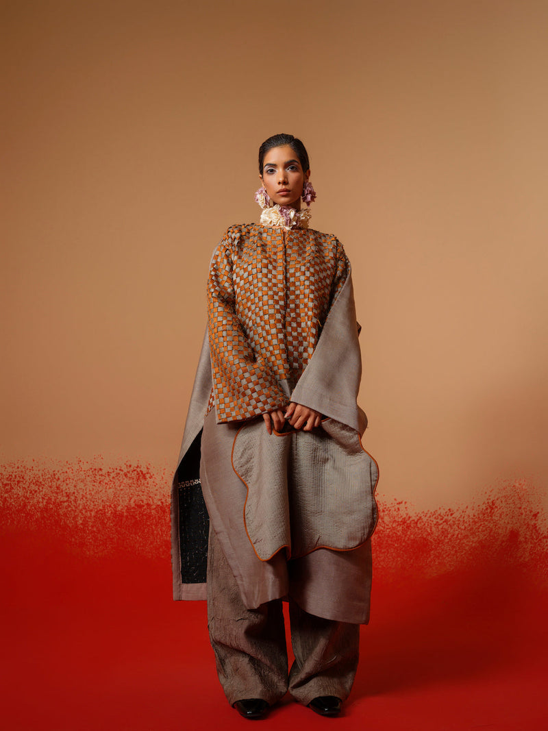 Current Overlay-Leaf green + Grey mysore silk jackets and overlays by Stoique in leaf green, grey for women Worldwide
