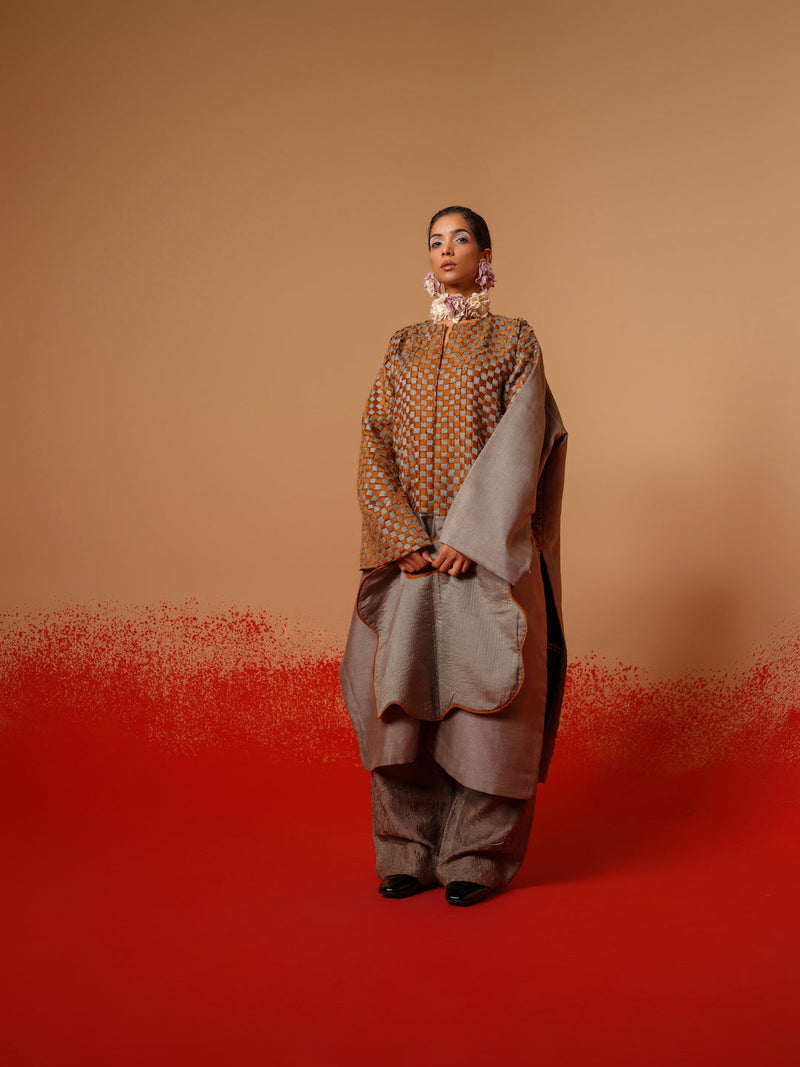 Current Overlay-Leaf green + Grey mysore silk jackets and overlays by Stoique in leaf green, grey for women Worldwide