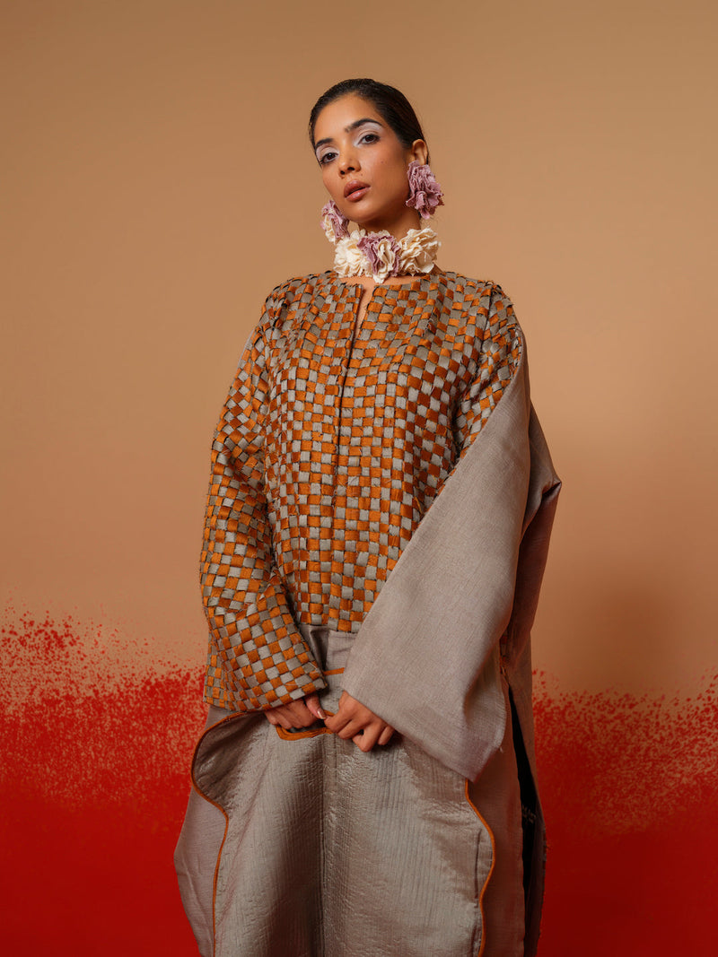 Current Overlay-Leaf green + Grey mysore silk jackets and overlays by Stoique in leaf green, grey for women Worldwide
