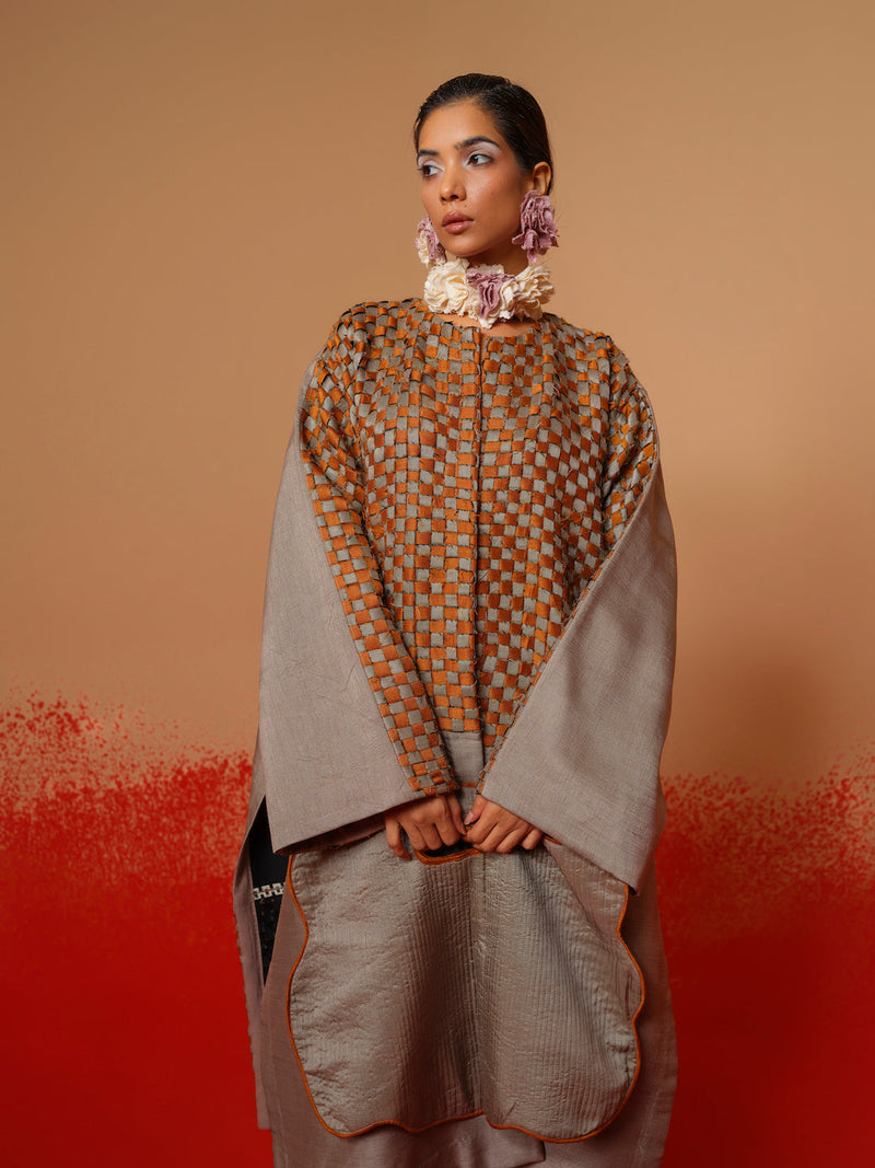 Current Overlay-Leaf green + Grey mysore silk jackets and overlays by Stoique in leaf green, grey for women Worldwide