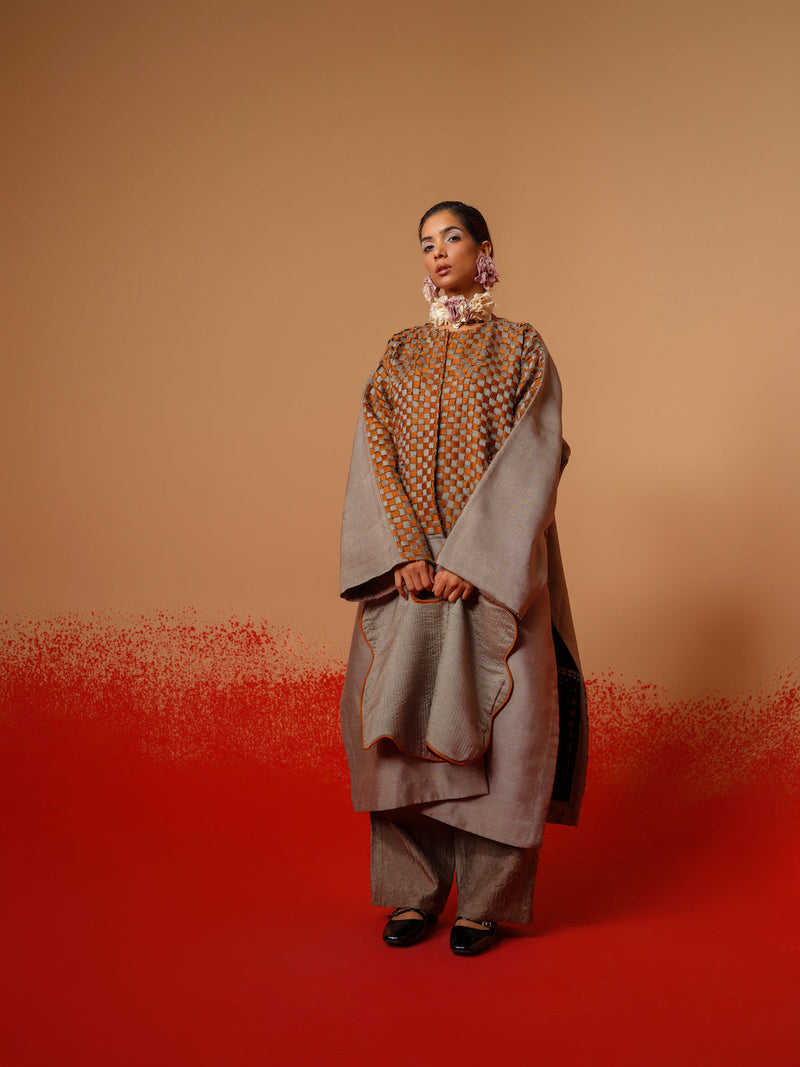 Current Overlay-Leaf green + Grey mysore silk jackets and overlays by Stoique in leaf green, grey for women Worldwide