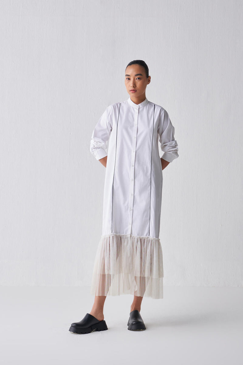 GATHERED HEM SHIRT DRESS Dress by THREE in white color for women Worldwide
