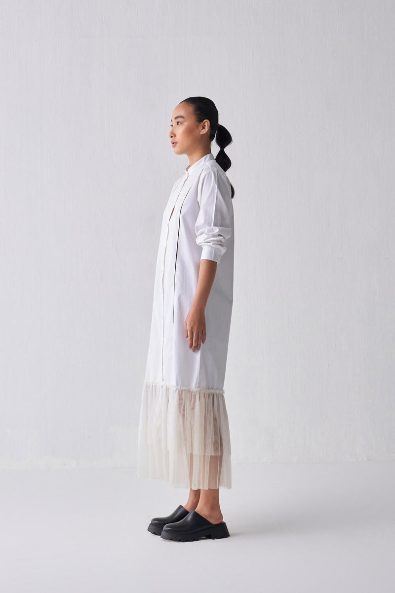 GATHERED HEM SHIRT DRESS Dress by THREE in white color for women Worldwide