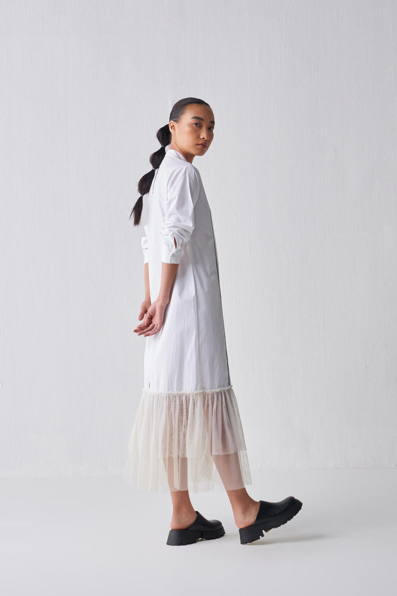 GATHERED HEM SHIRT DRESS Dress by THREE in white color for women Worldwide