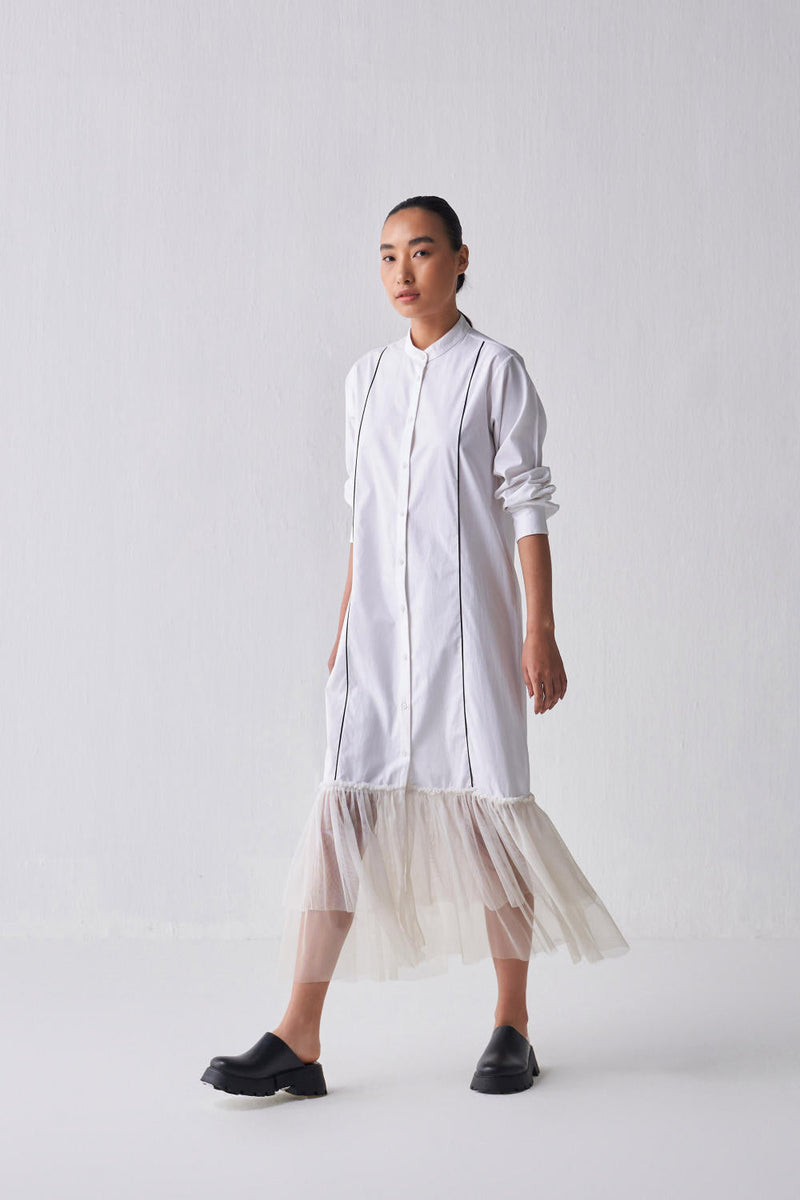 GATHERED HEM SHIRT DRESS Dress by THREE in white color for women Worldwide
