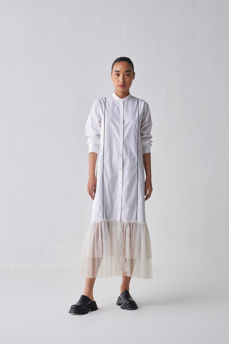 GATHERED HEM SHIRT DRESS Dress by THREE in white color for women Worldwide