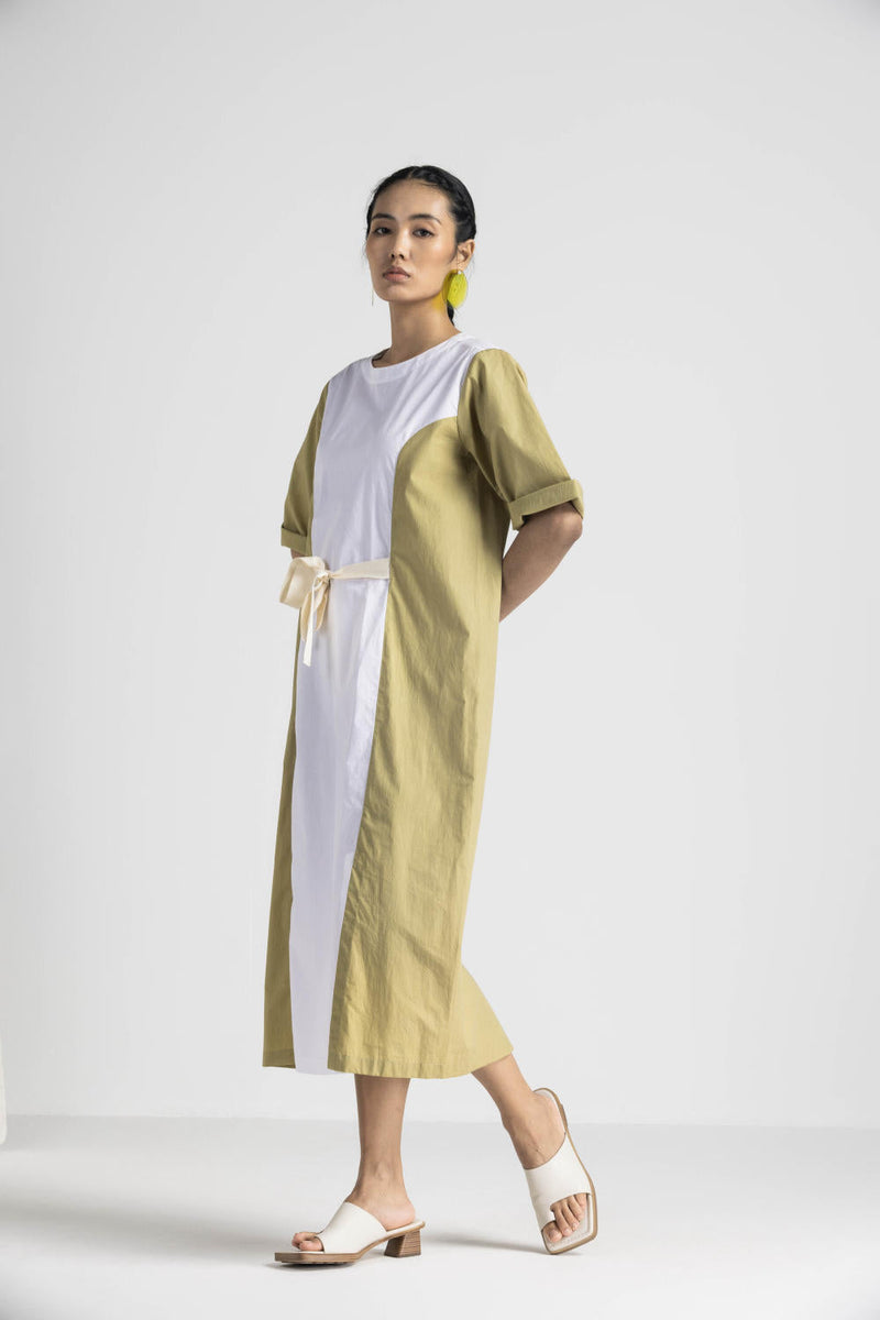 CONTRAST PANEL DRESS - MOSS GREEN poplin by THREE in green color for women Worldwide