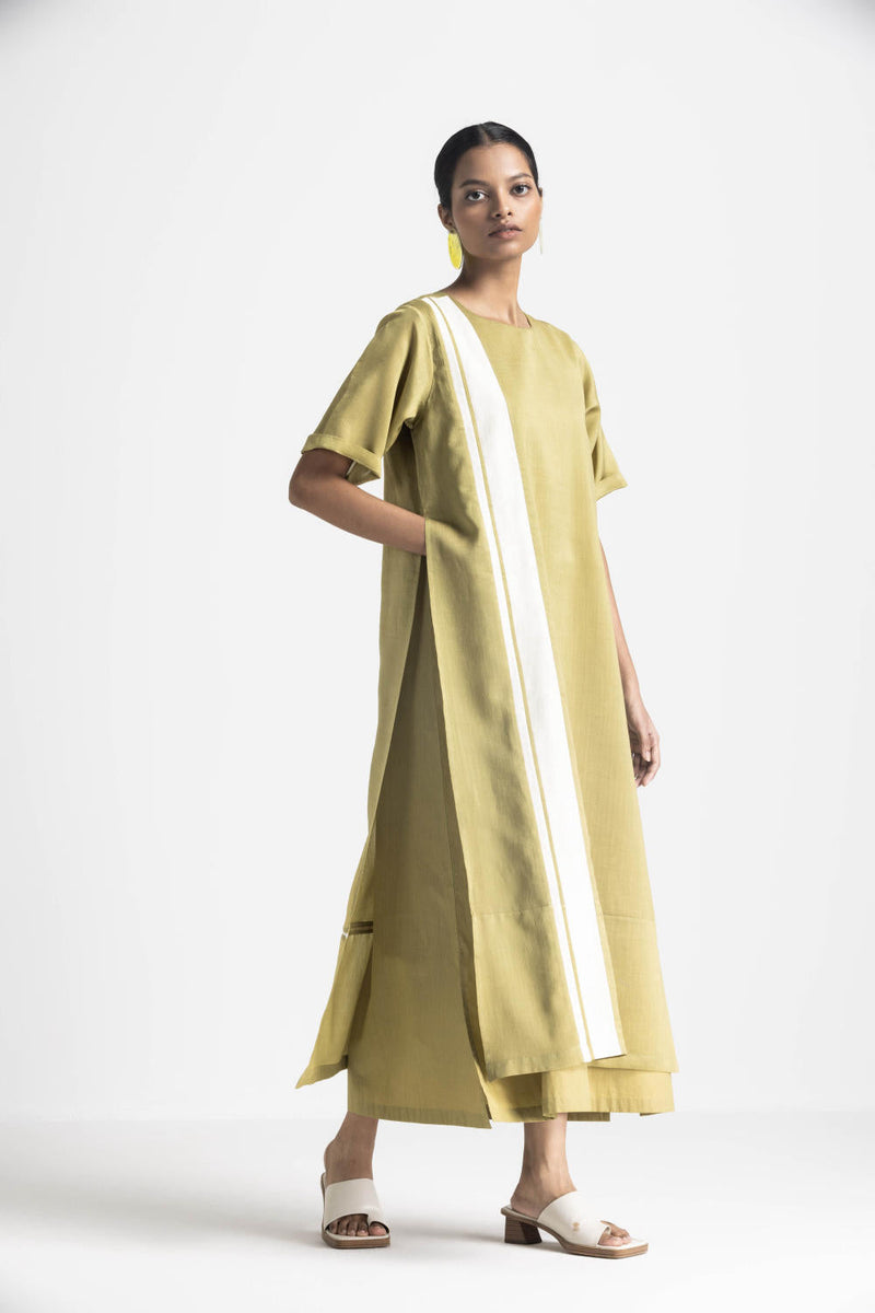 DOUBLE LAYER DRESS - MOSS GREEN poplin by THREE in green color for women Worldwide