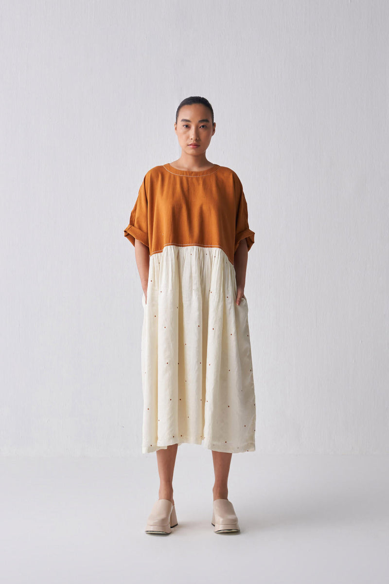 YOKE GATHERED DRESS Dress by THREE in rust color for women Worldwide