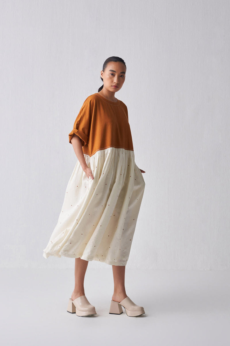 YOKE GATHERED DRESS Dress by THREE in rust color for women Worldwide